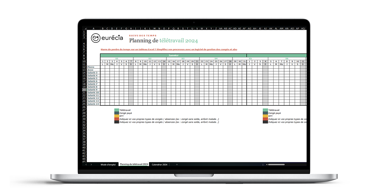 Planning télétravail Excel Modèle gratuit Eurécia